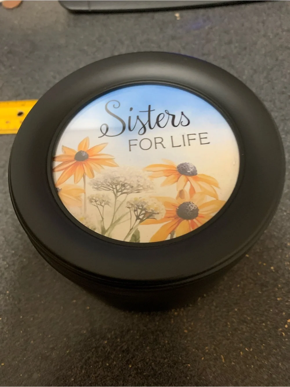 Sisters For Life Round Trinket music Box - Black with Floral Lid